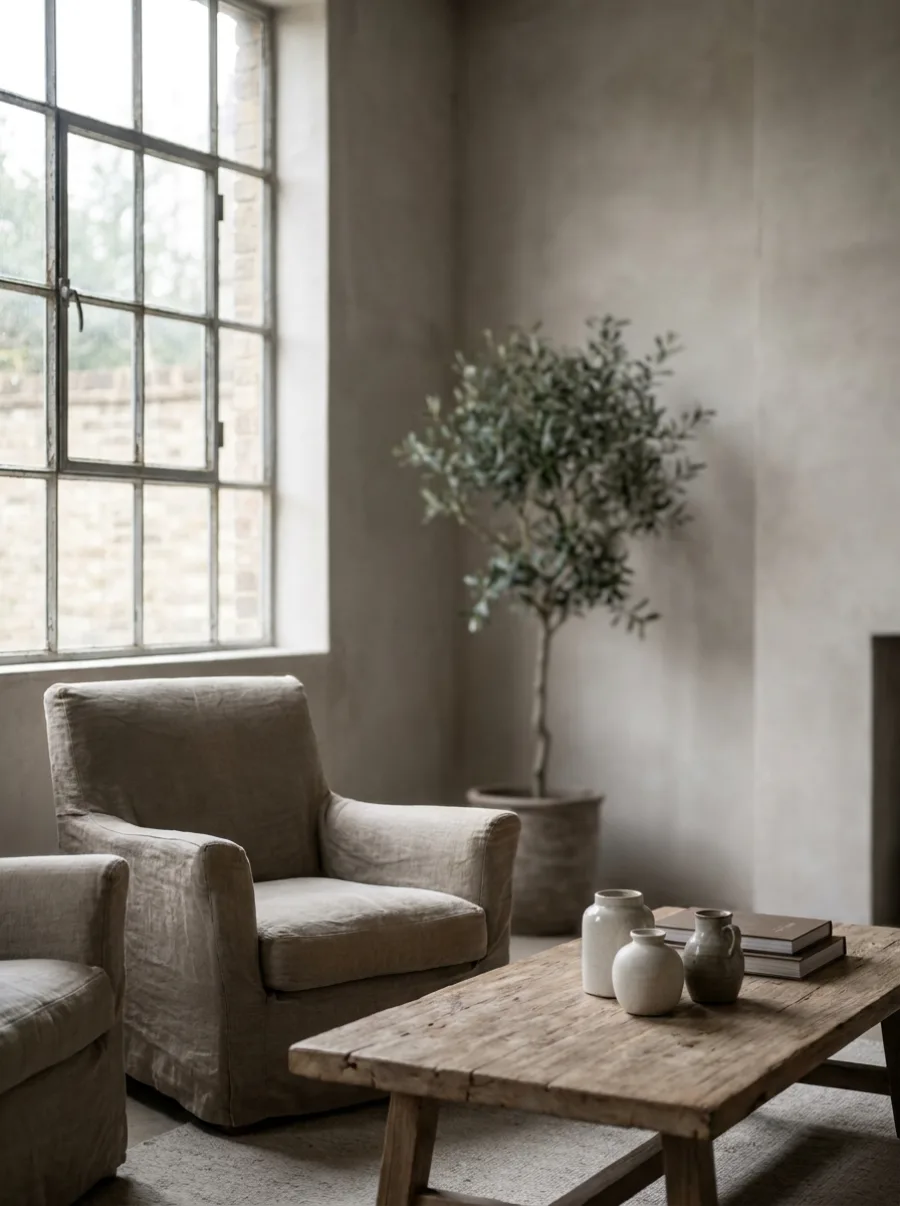 Woonkamer met een structuurmuur, linnen fauteuils en een olijfboom