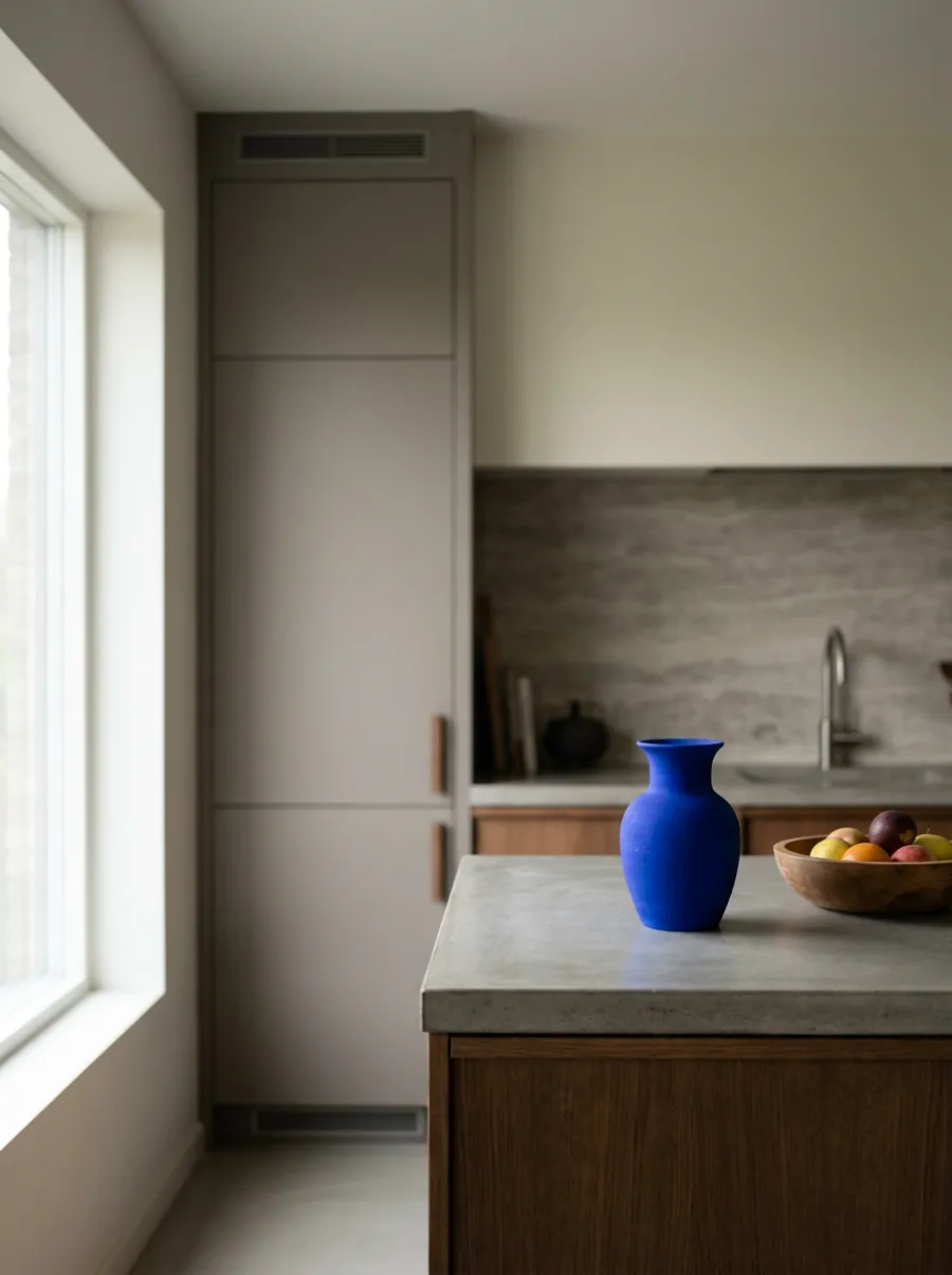 Moderne keuken met houten kastfronten en een betonnen werkblad